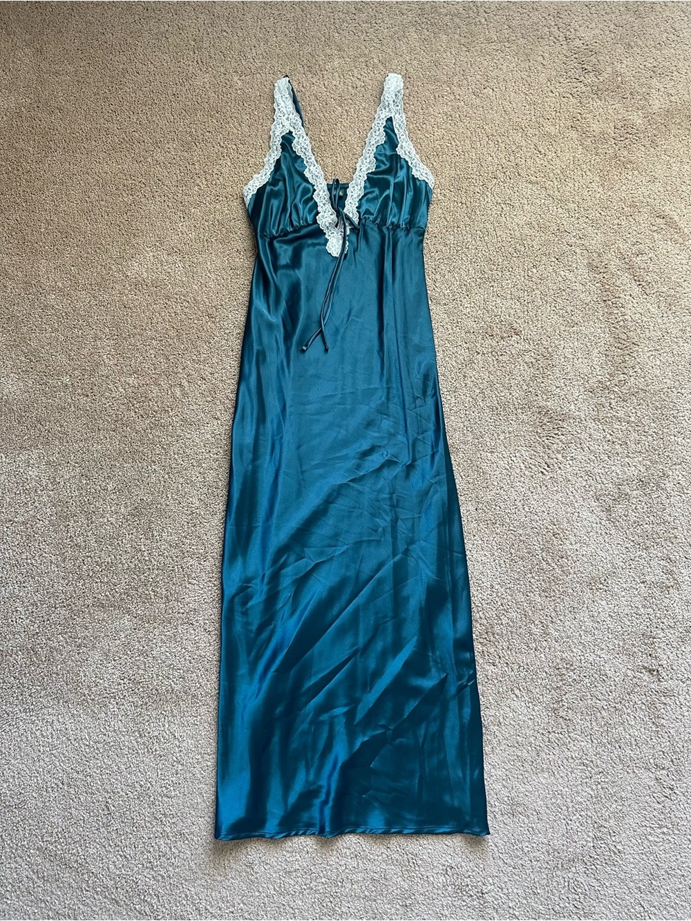 wild fable Teal Satin Midi Dress with White Lace Trim
